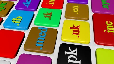Computer keyboard button key with colorful website and Internet domain names. Foto stock