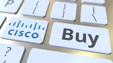 Computer keyboard with CISCO logo and Buy text on the keys. Editorial 3D Illustrazione stock