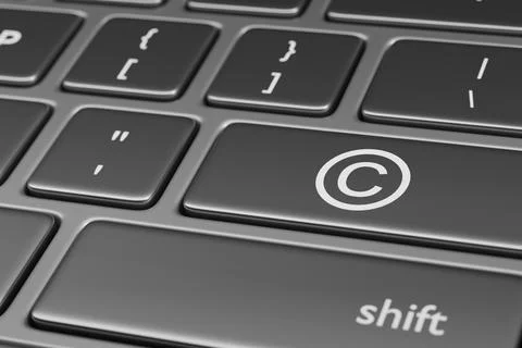 Computer keyboard with copyright symbol on one key. 3D illustration. Ilustración de archivo