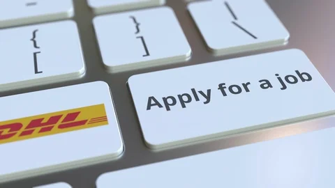 Computer keyboard with DHL logo and Apply for a job text on the keys. Editorial Stock Footage 103824547