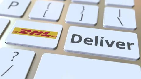 Computer keyboard with DHL logo and Deliver text on the keys. Editorial 3D 스톡 일러스트