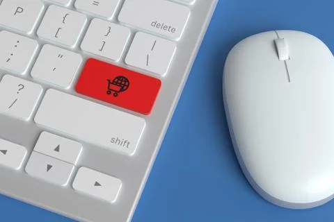 Computer keyboard with the "e-commerce" icon on a key next to a mouse. 3d ill Stock Illustration