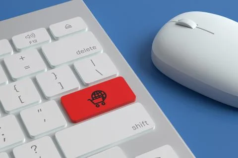 Computer keyboard with the "e-commerce" icon on a key next to a mouse. 3d ill Illustrazione stock