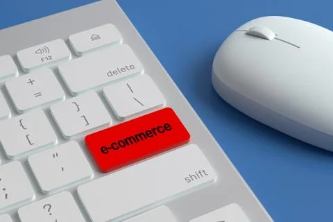 Computer keyboard with the "e-commerce" icon on a key next to a mouse. 3d ill Stock Illustration