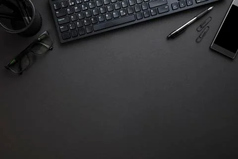 Computer Keyboard With Eyeglasses And Office Supply On Gray Desk Stock Photos
