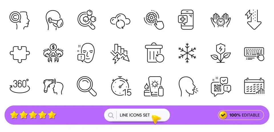 Computer keyboard, Face attention and Cloud sync line icons for web app 스톡 일러스트