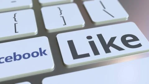 Computer keyboard with FACEBOOK logo and Like text on the keys. Editorial 3D Stock Illustration