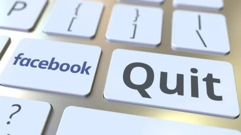 Computer keyboard with FACEBOOK logo and Quit text on the keys. Editorial 3D Stock Illustration