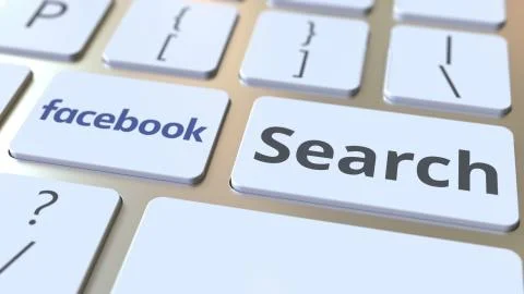 Computer keyboard with FACEBOOK logo and Search text on the keys. Editorial 3D Stock Illustration