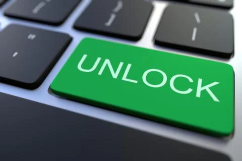 Computer keyboard featuring UNLOCK key. Conceptual 3D rendering Stock Illustration