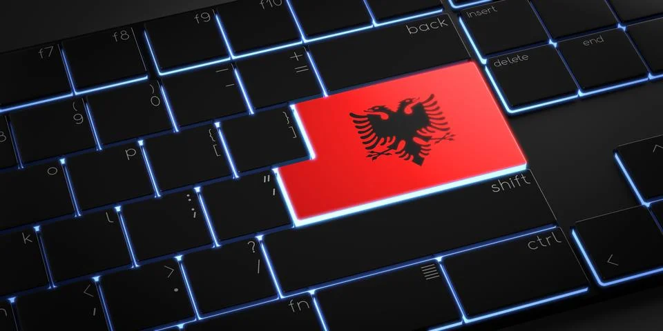 Computer keyboard with flag of Albania - 3D illustration 库存插图