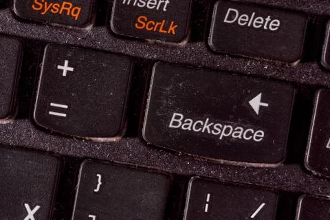 A computer keyboard. Focus on Backspace button. Black background Stock Photos