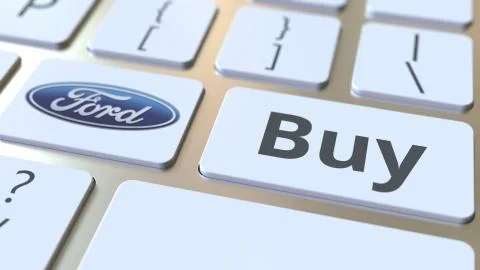 Computer keyboard with FORD logo and Buy text on the keys. Editorial 3D Stock Illustration