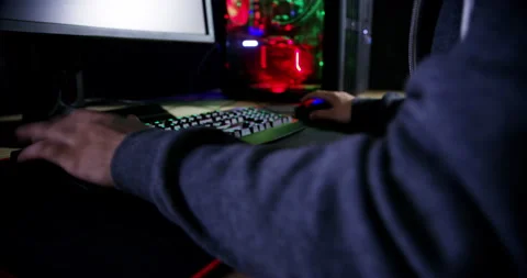 Computer keyboard, gamer and man typing fast, gaming or play night challenge Video stock 254227939