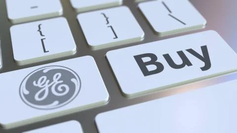 Computer keyboard with GENERAL ELECTRIC logo and Buy text on the keys. Editorial Stock Illustration