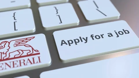 Computer keyboard with GENERALI logo and Apply for a job text on the keys Vídeos de archivo 103838602