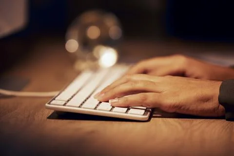 Computer keyboard, hands and night woman typing online data analysis, feedback Foto stock