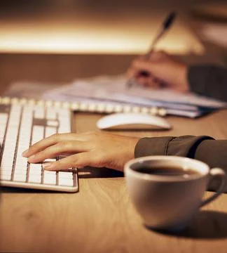 Computer keyboard, hands or office woman writing online summary, notebook report Stock Photos