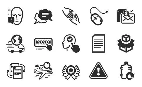 Computer keyboard, Helping hand and Bureaucracy icons set. Face attention Illustrazione stock