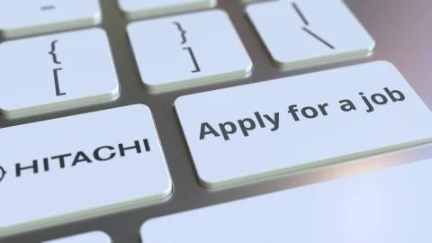Computer keyboard with HITACHI logo and Apply for a job text on the keys 库存插图