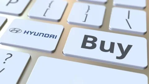 Computer keyboard with HYUNDAI logo and Buy text on the keys. Editorial 3D Stock Illustration