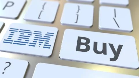 Computer keyboard with IBM logo and Buy text on the keys. Editorial 3D rendering 스톡 일러스트