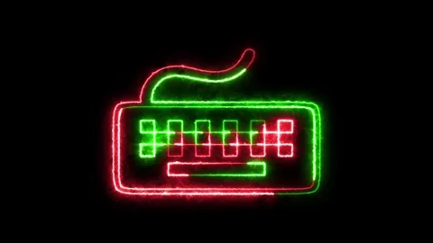 Computer keyboard icon neon fire green red color animation in black backgrou Stock Footage 265394894