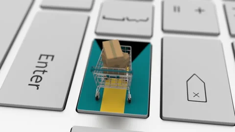 Computer keyboard key with flag of Bahamas and shopping cart with cartons Stock Footage 146748217