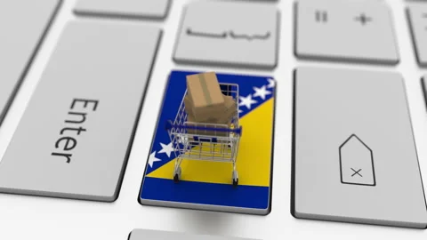 Computer keyboard key with flag of Bosnia and shopping cart with cartons Stock Footage 146839808
