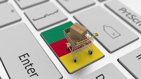 Computer keyboard key with flag of Cameroon and shopping cart with cartons Stock Illustration
