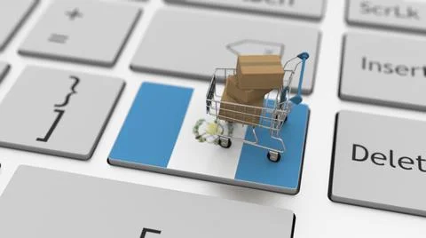 Computer keyboard key with flag of Guatemala and shopping cart with cartons Illustrazione stock