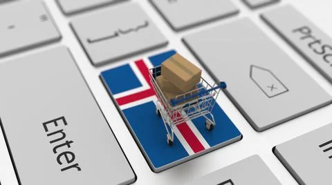 Computer keyboard key with flag of Iceland and shopping cart with cartons Stock Illustration