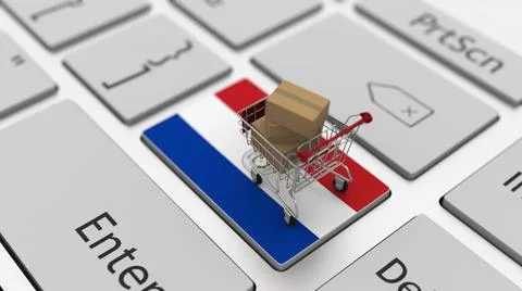 Computer keyboard key with flag of Paraguay and shopping cart with cartons Illustrazione stock