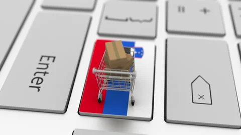Computer keyboard key with flag of Slovenia and shopping cart with cartons Stock Footage 146747546