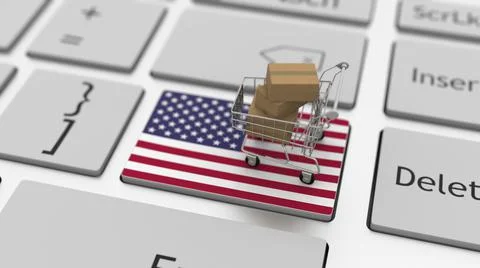 Computer keyboard key with flag of the USA and shopping cart with cartons Stock Illustration