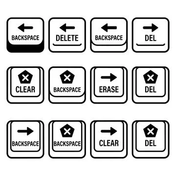 Computer keyboard key icons for Backspace, Delete, Clear, and Erase functio.. Stock Illustration