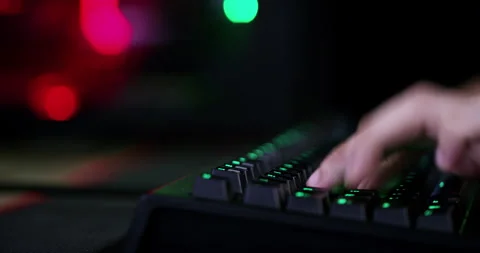 Computer keyboard, late night or man typing, gaming or play online, fantasy RPG Video stock 254266303