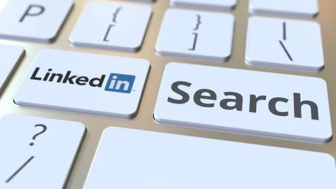 Computer keyboard with LINKEDIN logo and Search text on the keys. Editorial 3D Illustration