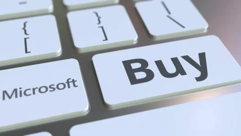 Computer keyboard with MICROSOFT logo and Buy text on the keys. Editorial 3D 스톡 일러스트