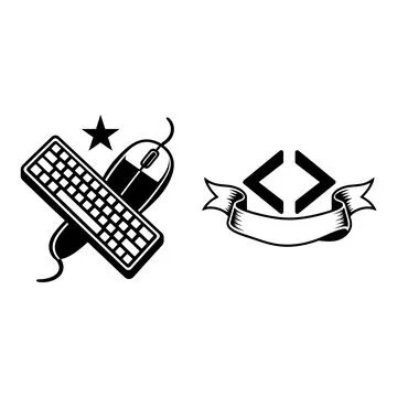 Computer keyboard mouse and coding brackets with ribbon banner Stock Illustration