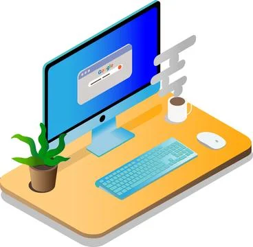 Computer, keyboard, mouse and a cup of black coffee on the desktop Stock Illustration