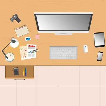 Computer, keyboard, mouse, desk lamp, camera, notebook, tablet, phone Stock Illustration