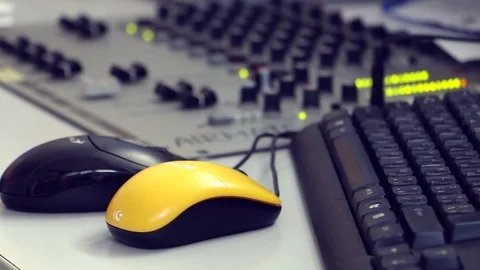 Computer Keyboard, Mouses And Mixing Console In Radio Studio Stock Footage 87454229