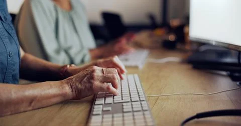 Computer keyboard, night and hands of woman typing feedback review of financial Stock Photos