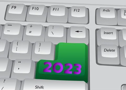 Computer Keyboard with number 2023. Close-up of an electronic Computer Device Stock Illustration