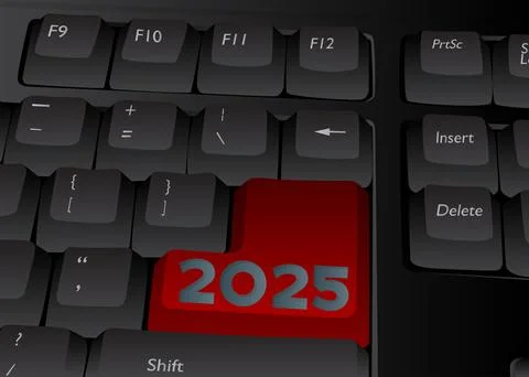 Computer Keyboard with number 2025. Close-up of an electronic Computer Devi.. Stock Illustration
