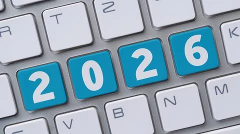A computer keyboard with the number 2026 Stockfoto's