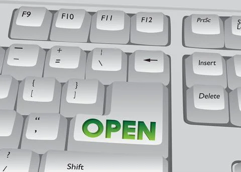 Computer Keyboard with Open text. Close-up of an electronic Computer Device p Illustrazione stock