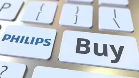 Computer keyboard with PHILIPS logo and Buy text on the keys. Editorial 3D Stock Illustration