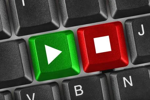 Computer keyboard with Play and Stop keys Computer keyboard with Play and ... Foto stock